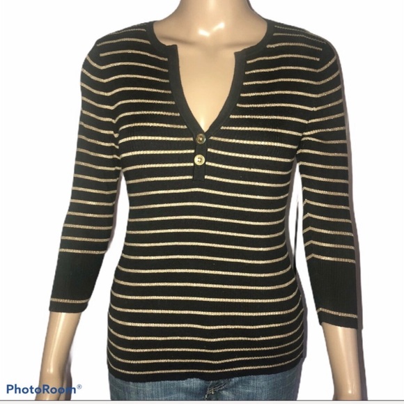 Vintage Ralph Lauren metallic gold and black sweater with 3/4 sleeves V neck - Picture 1 of 6